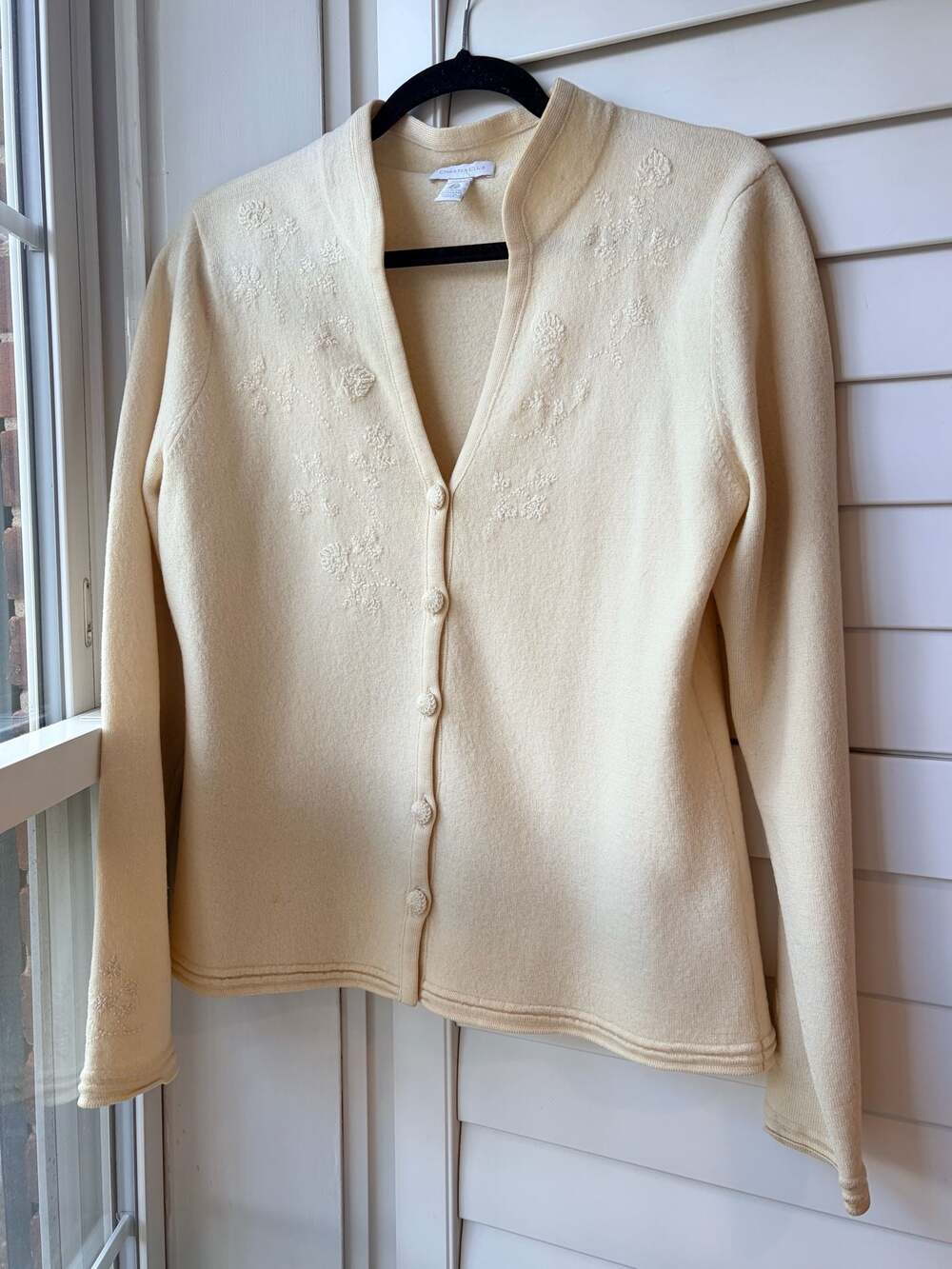 Charter Club Ivory Wool Floral Embroidered Cardigan Sweater